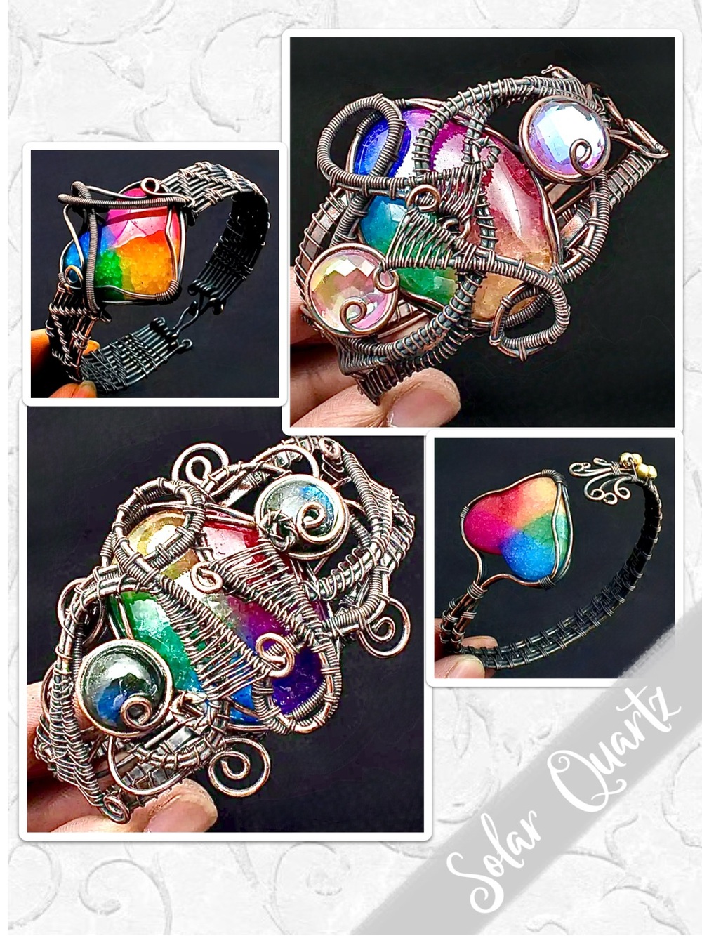 Rainbow Solar Quartz Copper Artisan Bangle Cuff (Blue, Green, Yellow, Red, Pink)